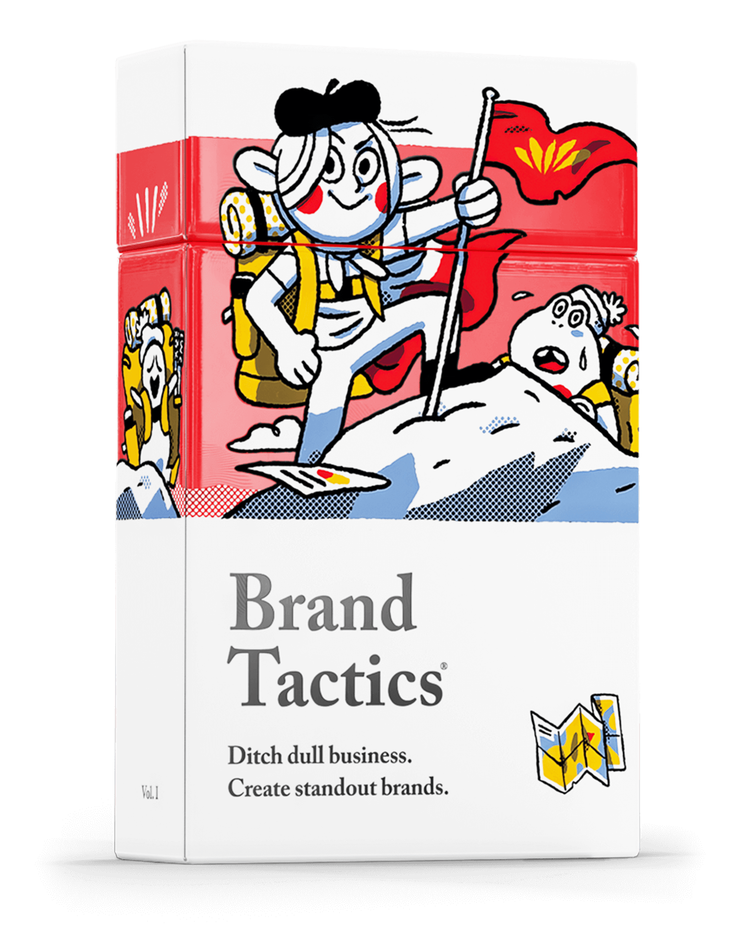 Brand Tactics card game box Vol 1 with bold comic illustration and red background