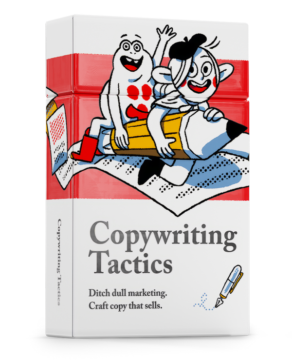 Copywriting Tactics card deck box with cartoon characters riding a pencil