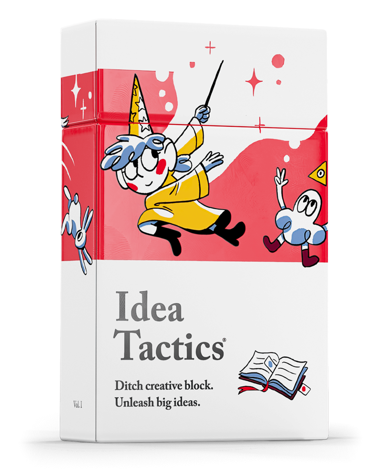 Idea Tactics card game box, white and red, Vol 1, wizard illustration