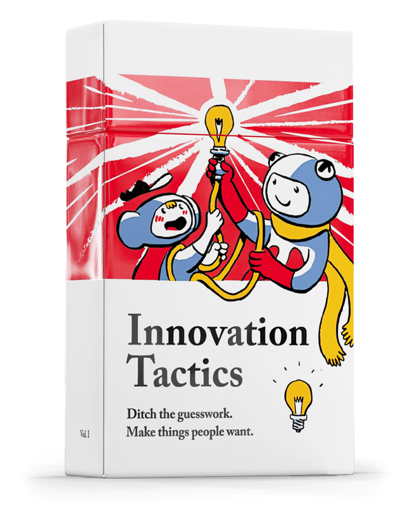 Red and white Innovation Tactics card deck box Vol I with cartoon characters holding a glowing lightbulb