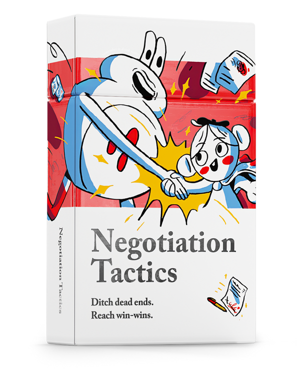 Negotiation Tactics card deck box with retro cartoon characters shaking hands